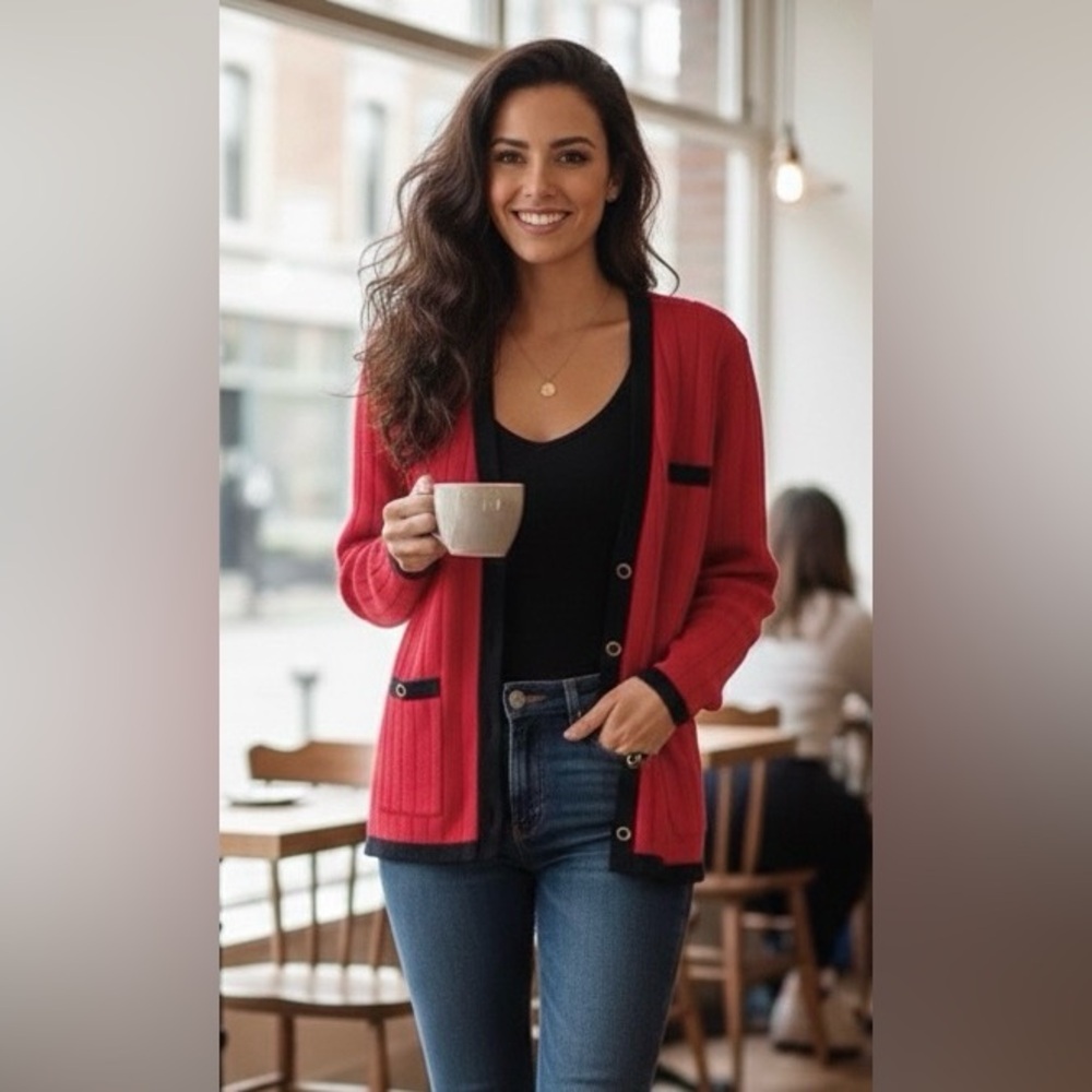 Summit Hill red/black trim V-neck cardigan, gold tone buttons, good condition, L